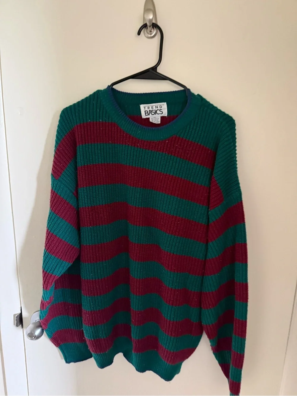 Vintage Men's Green and Burgundy Striped Knit Sweater